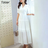 2023 Spring Summer Dress Women Cotton Patchwork Lace Dresses V-Neck Lantern Sleeve Maxi Dress Beach Long Female