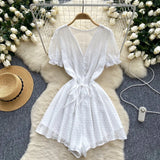 Women's Seaside Beach Pants Summer Dress New V-Neck Bubble Sleeves With Broad Legs