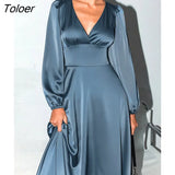 Elegant Satin Lantern Sleeve Dress For Women V Neck Solid Long Sleeve Sexy Dresses 2023 Casual Chic Midi Slim Dress
