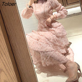 Pink Lace Woman Dresses 2023 Autumn Long-sleeve Floral Embroidery Elegant Party Maxi Dress Woman Bud