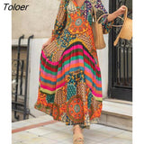 Retro Ethnic Print Dress New Spring Summer Half-sleeve Casual Dress Ladies Sexy V-neck Stitching Pleated Drape Maxi