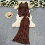 Wind High-End Sleek Crochet Knitting Set Of Women's Round Collar Long Sleeve Blouse High-Waisted Hip