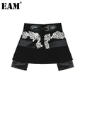 2023 New Spring Autumn High Waist Black Beading Blingbling Spliced Personality Short Half-body Skirt Women Fashion