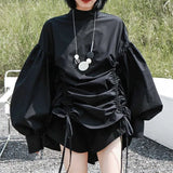 Women Drawstring Irregular Big Size Blouse New Stand Collar Long Sleeve Loose Shirt Fashion Spring Autumn 2023
