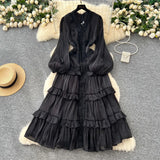 Elegant Temperament Dress Female Heavy Industry Hot Diamond Lace To Receive Waist Thin Lantern Sleeves Side