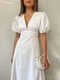 Bodycon V-Neck White Dress Woman Summer Sexy Puff Sleeve Midi Dresses Elegant Slim High Waist Classic Female Dress