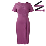 Women's 2025 Summer New Short-Sleeved V-Necked Waist Solid Color OL Tongle Pencil Dress African