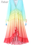 Women's Summer Bohemian Dress Printing Gradient Elegant Maxi Dress Patchwork Rainbow Color Party Dress Ruffles Sweet