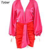 Block Deep V-neck Satin Two Piece Set Women Long Sleeve V Neck Bodysuit +Skirt Sets Matching Casual Party Club Women