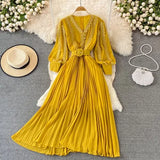 Red/Yellow/Black Embroidered Pleated Long Dress Vintage V-Neck Lantern Sleeve High Waist Draped Maxi Vestidos Female 2022