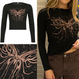 Rockmore Vintage Print T-shirt Women Aesthetic Long Sleeve Crop Top Autumn E Girl Casual Basic Tee Shirt 90s Grunge