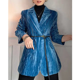 Women Blue Velvet Big Size Blazer New Notched Long Sleeve Loose Fit Jacket Fashion Tide Spring Autumn 2023