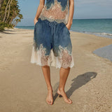 Temperament Casual Two Sets Of 2025 Autumn And Winter New Trend Hottie Lace Splicing Denim Shorts Set
