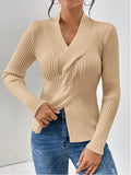 Women's Temperament Thread Under The Fork Knit Shirt Fashion Long-Sleeved Solid Color