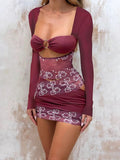 Purple Patchwork Long Sleeve Bodycon Mini Dress-Outfit