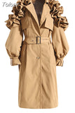 Fashion Women's Trench Coat Lapel Single Breasted Shoulder Ruffle Long Sleeve Belt Windbreaker Autumn 2023 New