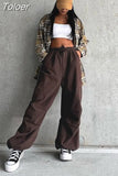 Wide Leg Sweatpants Women Vintage Y2K Punk Streetwear Joggers Solid Low Waist Drawstring Trousers Casual Cargo Pants