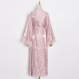 Patchwork Feather Long Sleeve Dress Women V Neck Lace up Casual Dresses Female Fashion Clothes 2022 Spring