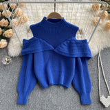 Fashion Off Shoulder Knit Pullover Stand Neck Korean Lantern Sleeve Design 2022 Autumn Retro Sweater Knitwear