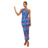 Crash-Colored Sling Dress Dress Print Slanted Shoulder Sleeveless Coat Dress Lady