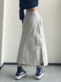 Long Cargo Skirt Women Y2k Streetwear Vintage Pocket High Waist Side Split Shirring Casual Straight Midi Skirt