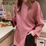 Loose Plus Size T-shirt Female Long Sleeve Casual Vintage Split Tops Woman Spring Autumn BF Cotton Plain T Shirt