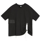 Women Black Contrast Color Irregular Big Size T-shirt New Round Neck Half Sleeve Fashion Tide Spring Summer 2023