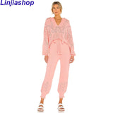 Vintage Fashion Solid Hollow Out Embroidery Hooded Sweaters Women Pullovers Ruffles Knitted Harem Pants