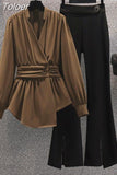 Summer New Elegant Women's Pants Set Fashion Velvet Chiffon Top Wide Leg Trousers Two-piece Set Female Tracksuit