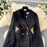 Suit Collar Dress Woman 2025 Autumn High-End Double Buckle Waist Long Sleeves Small Black Dress