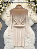 Sheath Women Dress Fashion Turtleneck Long Sleeve A Line Bodycon Dress Female Solid Streetwear Knitted