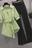 New Elegant Women's Pants Set Personalized Chiffon Shirt Top Black Trousers Two Piece Set Female
