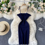Tied Spaghetti Strap Solid Knitted Dress Women Summer Sleeveless Mini Bodycon Dress Vestidos Sexy Female