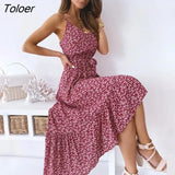 Maxi Dress Elegant Women Floral Print Sexy Backless Spaghetti Strap Long Dresses Summer Ladies Casual Beach Dress