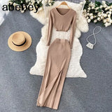 Autumn Fashion Two Pieces Suits V Neck Mini Top+ Hight Waist Slim Long Dress Women Streetwear Solid Knitted
