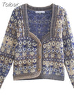 Winter Single-Breasted Long-Sleeve Sweater French Vintage Square Collar Jacquard Knitted Cardigan Jacket Women
