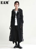 Women Black Organza Ruffles Long Trench New V-neck Long Sleeve Loose Fit Windbreaker Fashion Spring Autumn 2023