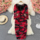 Women Floral Draped Bodycon Dress Spring Autumn Square Collar Long Sleeve High Waist Pleated Party Robe Female Casual