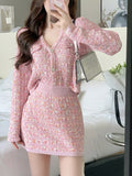 Piece Dress Set Sweet Cardigan Sweater + Slim Skirt Pink Elegant Y2k Mini Dress Office Lady Casual Knitted Suits 2022