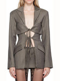 Toloer Spring Fashion Sexy V-Shaped Tie Hollow Out Waist Irregular Splicing Design Sense Suit Jacket Female-Outfit