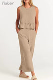 Summer Casual Sleeveless Pleated Pants Sets Wide-leg Loose Clothes 2 Piece Sets O Neck Trouser Suits Two Piece Set