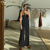 Sexy Halter Backless Tank Top Set Woman 2 Piece Bodycon Beige Pleated Pants Set Female Elegant Skinny Slit Trouser