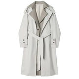 Women Gray Color-block Big Size Trench New Lapel Long Sleeve Loose Fit Windbreaker Fashion Tide Spring Autumn 2023