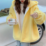 Hooded Ladies Plus Velvet Thick Coat All-match Jacket Pure Yellow Sweet and Cute Autumn and Winter Lamb Wool Loose Coat