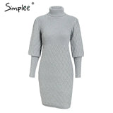 Party Turtleneck long cable knitted women pullover sweater dress Vintage autumn winter lantern sleeve female outwear