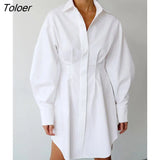 Summer Pleated Shirt Dress Fashion A-Line Single Breasted Casual Dresses Turn-Down Collar High Waist Solid Mini Dress