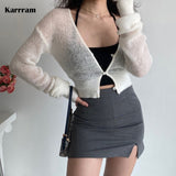 Sexy See Through Cropped Cardigan Women Thin Hollow Out Knitted Cardigans Long Sleeve V-neck Sweater Crop Tops