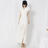 TWOTWINSTYLE Elegant Solid Dress For Women Stand Collar Flying Sleeve High Waist Minimalist Long Dresses Female Fashion