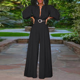 Elegant Long Jumpsuits Women 3/4 Sleeve Vintage High Waist Wide Leg Rompers Casual Pleated Party Overalls Loose Pants No