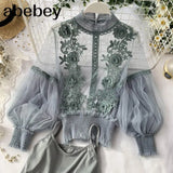 Women Tops Fashion Sexy Sheer Lace Blouse Lantern Sleeve 3D Floral Blouses Shirts Elegant Top Blusas